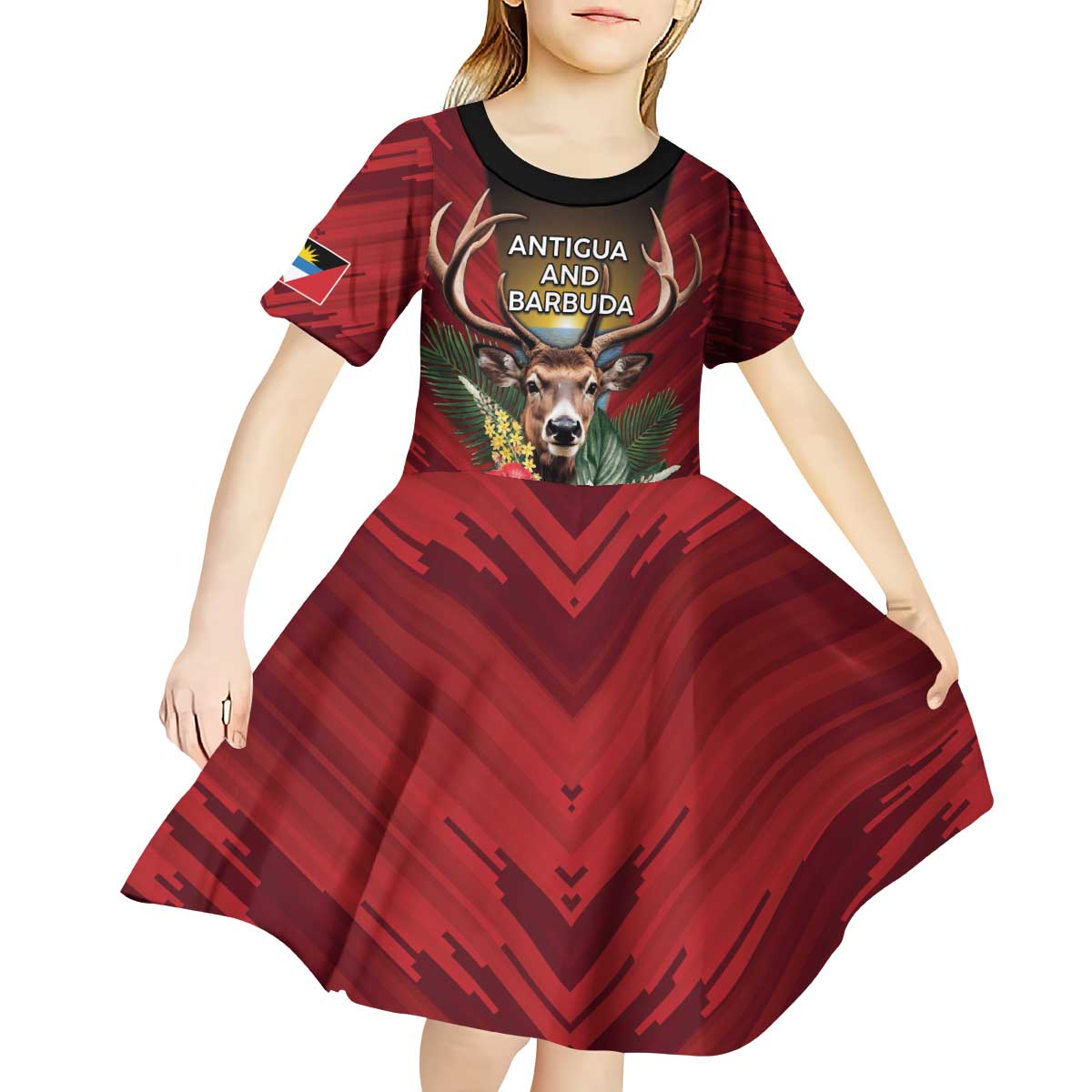 Personalized Antigua and Barbuda Kid Short Sleeve Dress Tropical Flowers Stag Deer - Wonder Print Shop