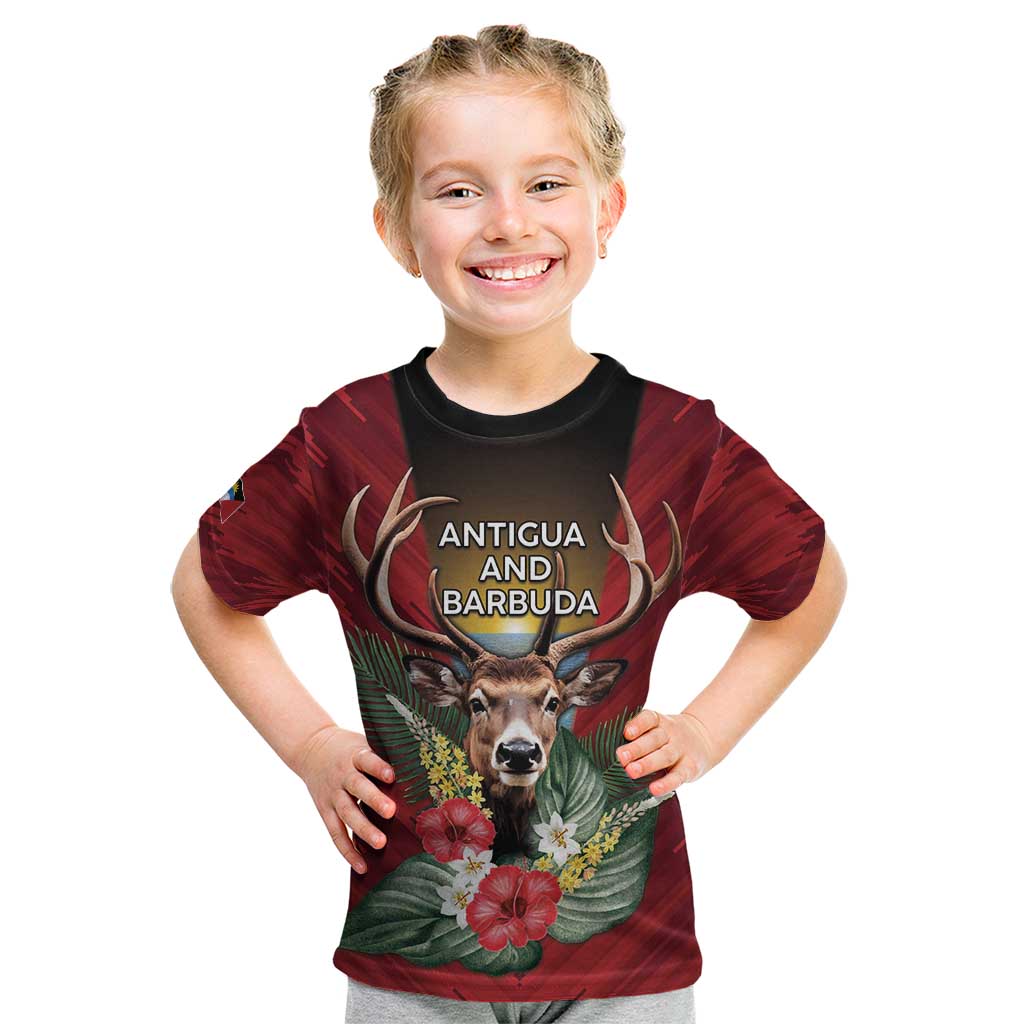 Personalized Antigua and Barbuda Kid T Shirt Tropical Flowers Stag Deer - Wonder Print Shop