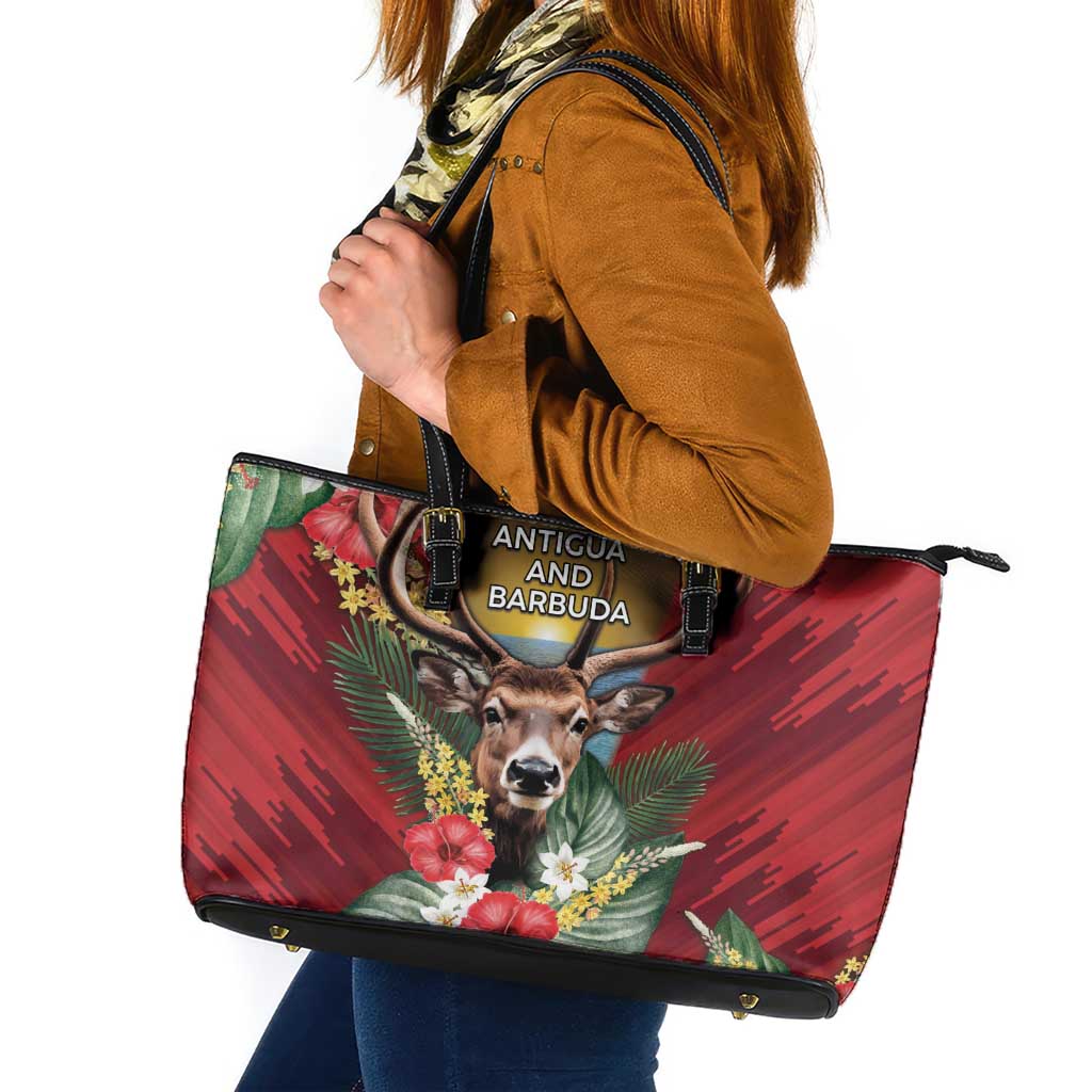 Antigua and Barbuda Leather Tote Bag Tropical Flowers Stag Deer - Wonder Print Shop