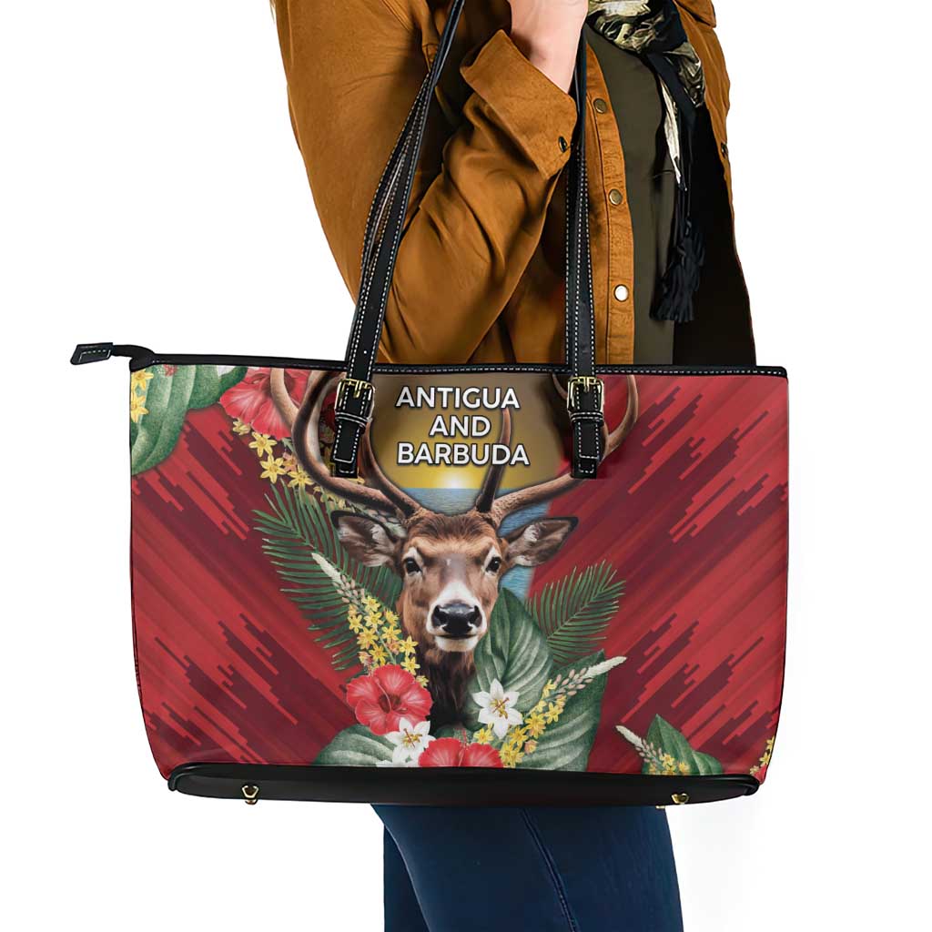 Antigua and Barbuda Leather Tote Bag Tropical Flowers Stag Deer - Wonder Print Shop