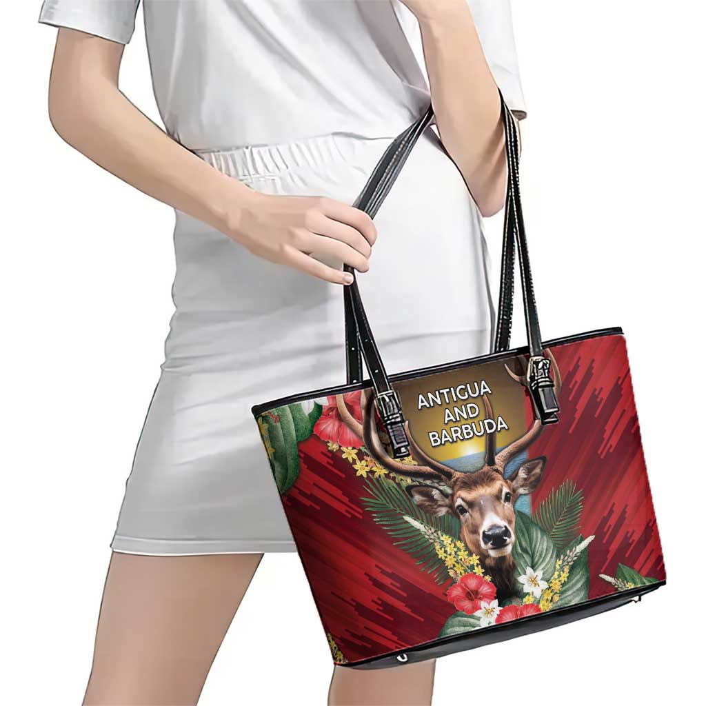 Antigua and Barbuda Leather Tote Bag Tropical Flowers Stag Deer - Wonder Print Shop