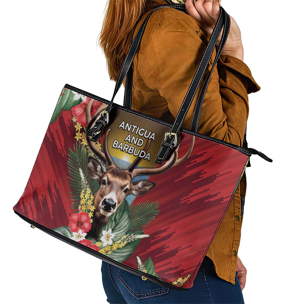 Antigua and Barbuda Leather Tote Bag Tropical Flowers Stag Deer - Wonder Print Shop