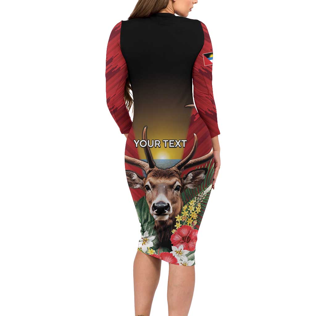 Personalized Antigua and Barbuda Long Sleeve Bodycon Dress Tropical Flowers Stag Deer - Wonder Print Shop