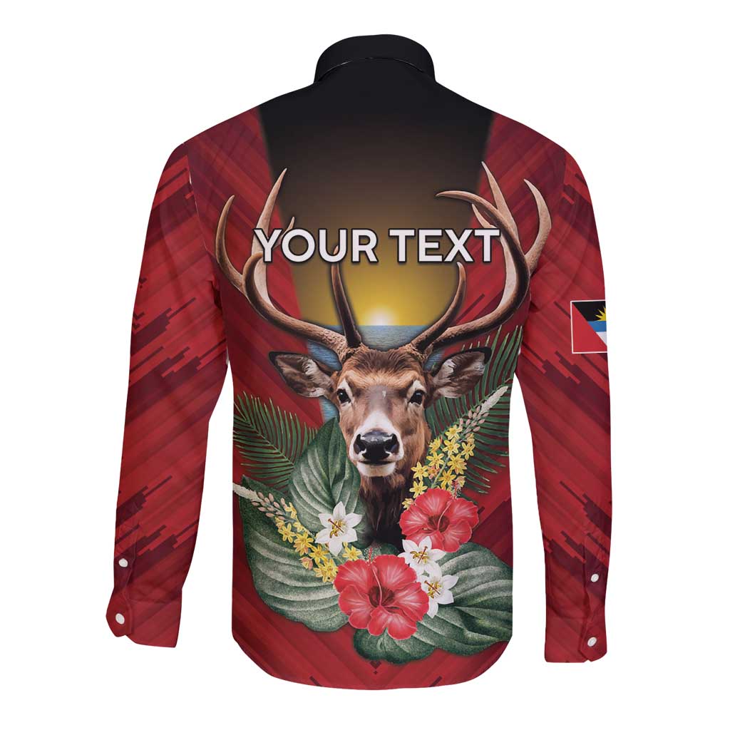 Personalized Antigua and Barbuda Long Sleeve Button Shirt Tropical Flowers Stag Deer - Wonder Print Shop