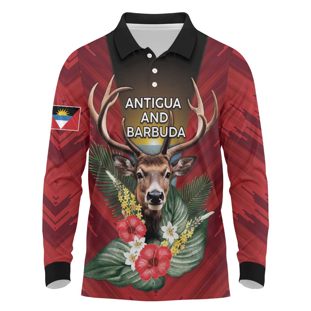 Personalized Antigua and Barbuda Long Sleeve Polo Shirt Tropical Flowers Stag Deer - Wonder Print Shop