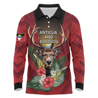 Personalized Antigua and Barbuda Long Sleeve Polo Shirt Tropical Flowers Stag Deer - Wonder Print Shop