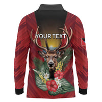 Personalized Antigua and Barbuda Long Sleeve Polo Shirt Tropical Flowers Stag Deer - Wonder Print Shop