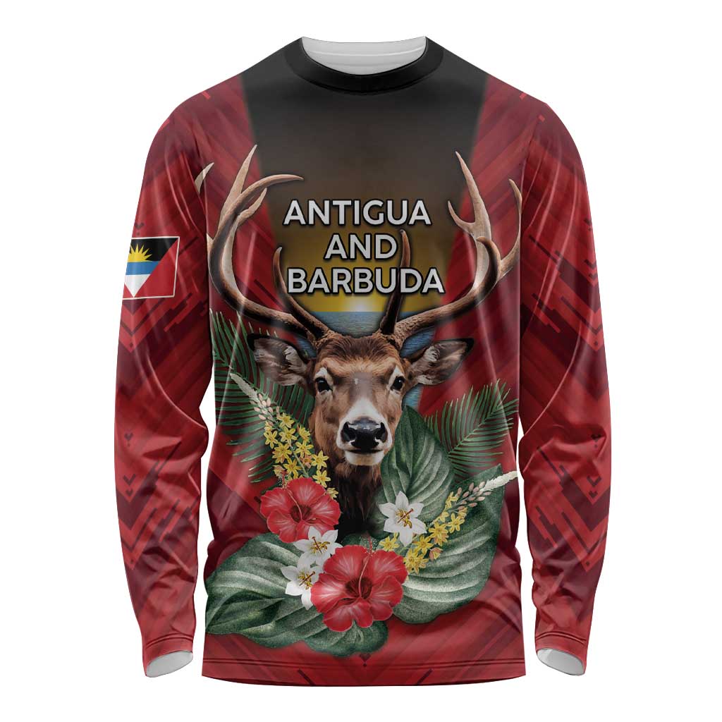 Personalized Antigua and Barbuda Long Sleeve Shirt Tropical Flowers Stag Deer - Wonder Print Shop