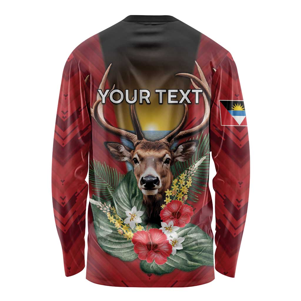 Personalized Antigua and Barbuda Long Sleeve Shirt Tropical Flowers Stag Deer - Wonder Print Shop