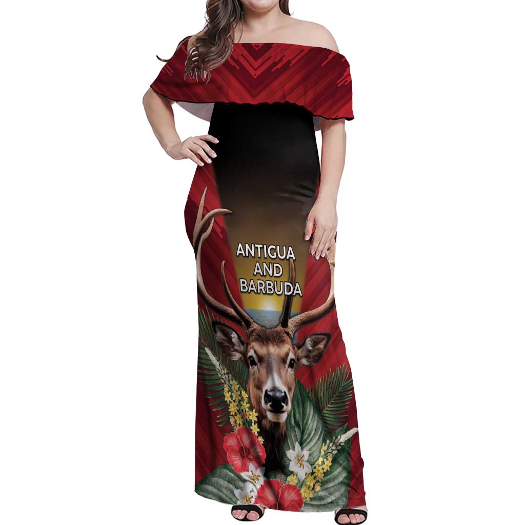 Personalized Antigua and Barbuda Off Shoulder Maxi Dress Tropical Flowers Stag Deer - Wonder Print Shop