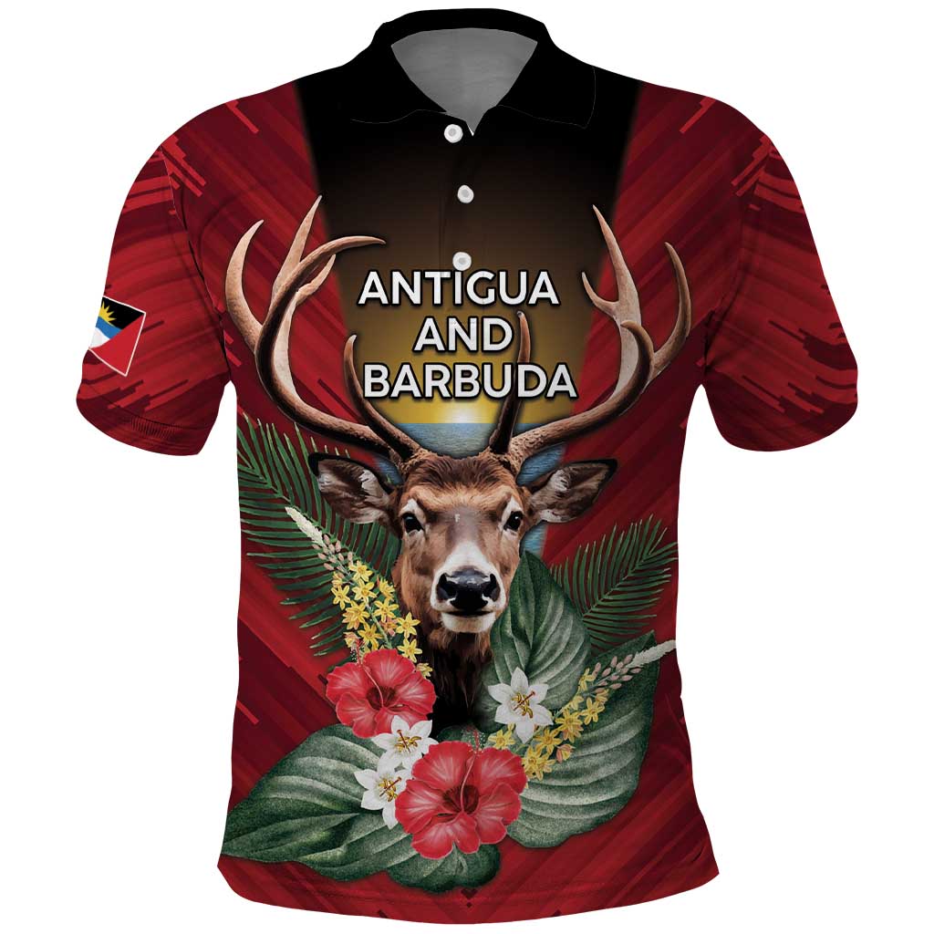 Personalized Antigua and Barbuda Polo Shirt Tropical Flowers Stag Deer - Wonder Print Shop