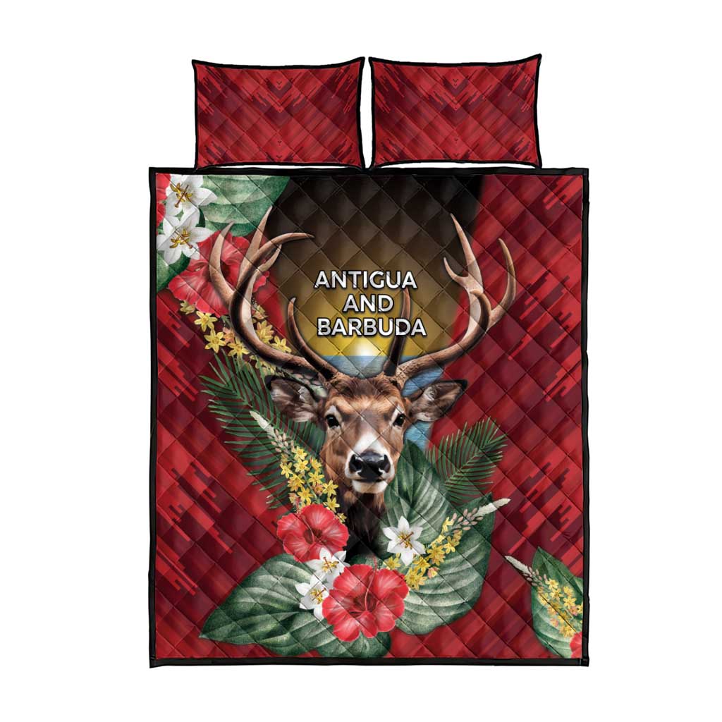 Antigua and Barbuda Quilt Bed Set Tropical Flowers Stag Deer - Wonder Print Shop