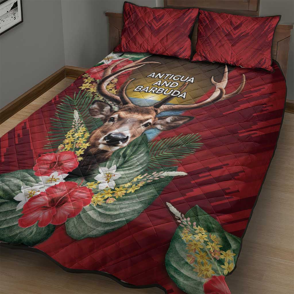 Antigua and Barbuda Quilt Bed Set Tropical Flowers Stag Deer - Wonder Print Shop
