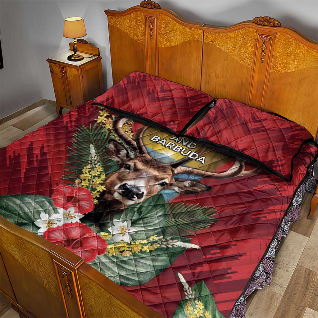 Antigua and Barbuda Quilt Bed Set Tropical Flowers Stag Deer - Wonder Print Shop