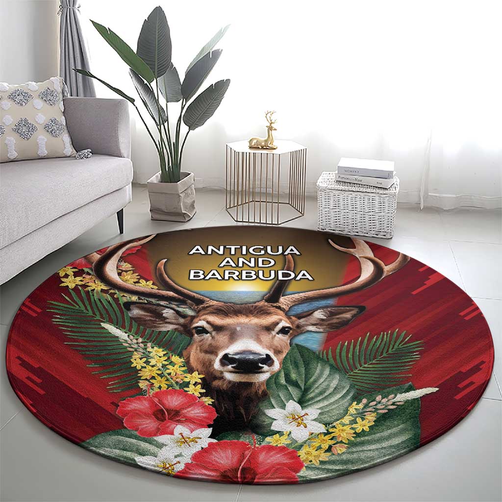 Antigua and Barbuda Round Carpet Tropical Flowers Stag Deer - Wonder Print Shop