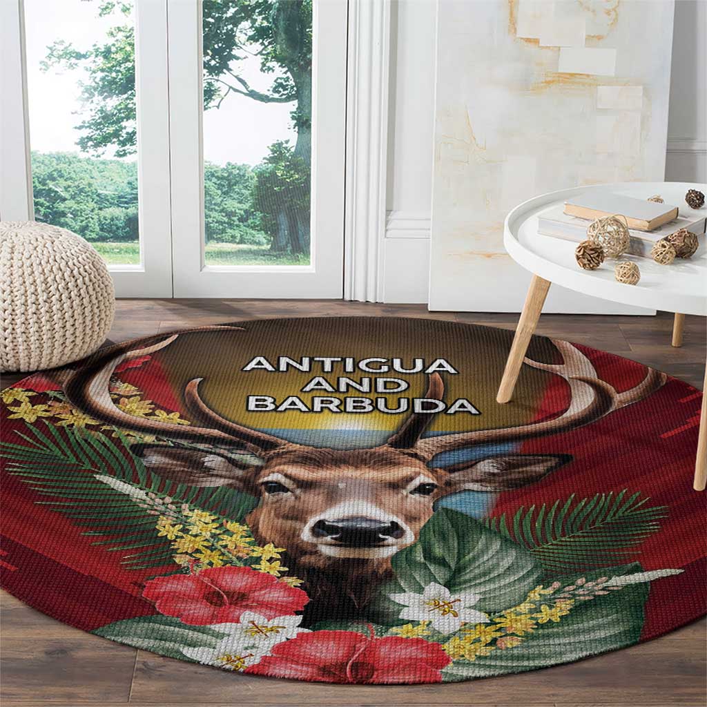 Antigua and Barbuda Round Carpet Tropical Flowers Stag Deer - Wonder Print Shop