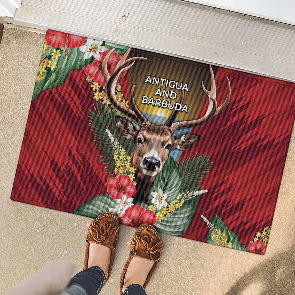 Antigua and Barbuda Rubber Doormat Tropical Flowers Stag Deer - Wonder Print Shop