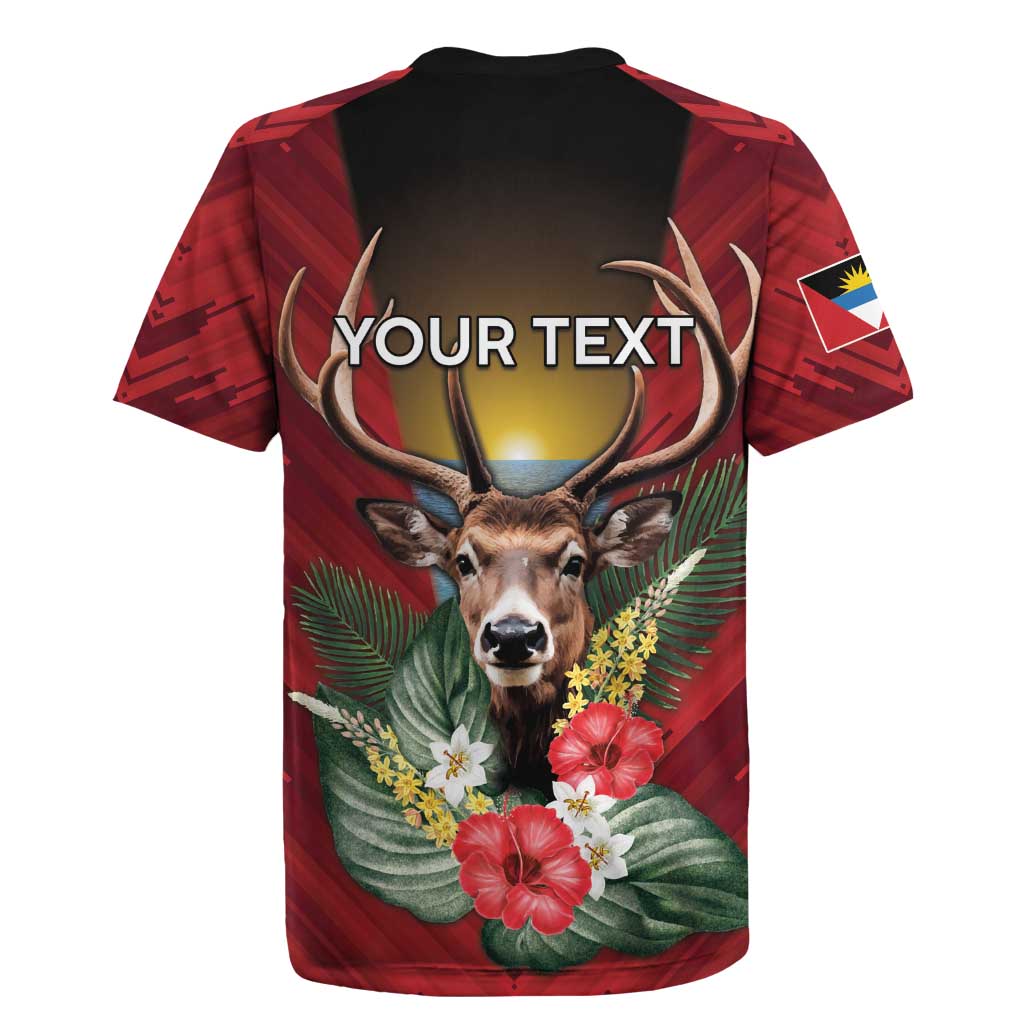 Personalized Antigua and Barbuda Rugby Jersey Tropical Flowers Stag Deer - Wonder Print Shop