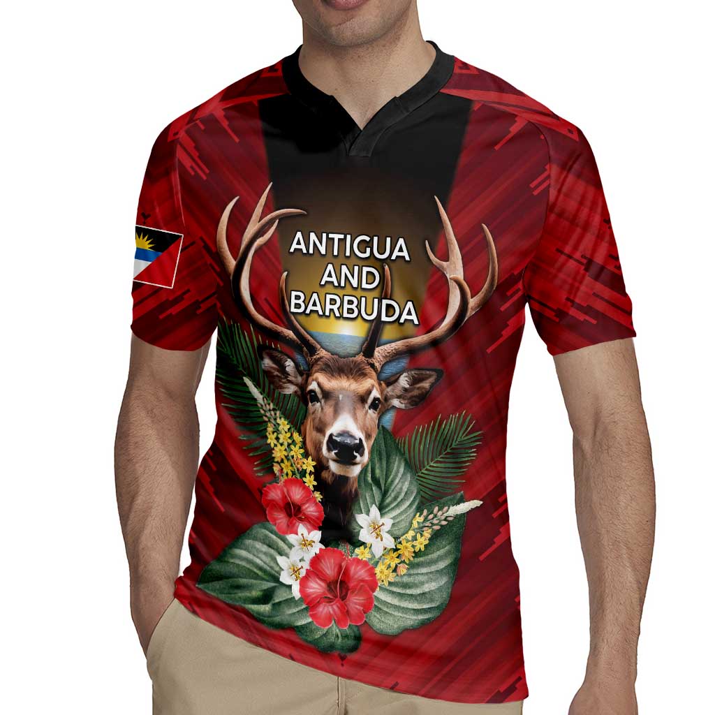 Personalized Antigua and Barbuda Rugby Jersey Tropical Flowers Stag Deer - Wonder Print Shop