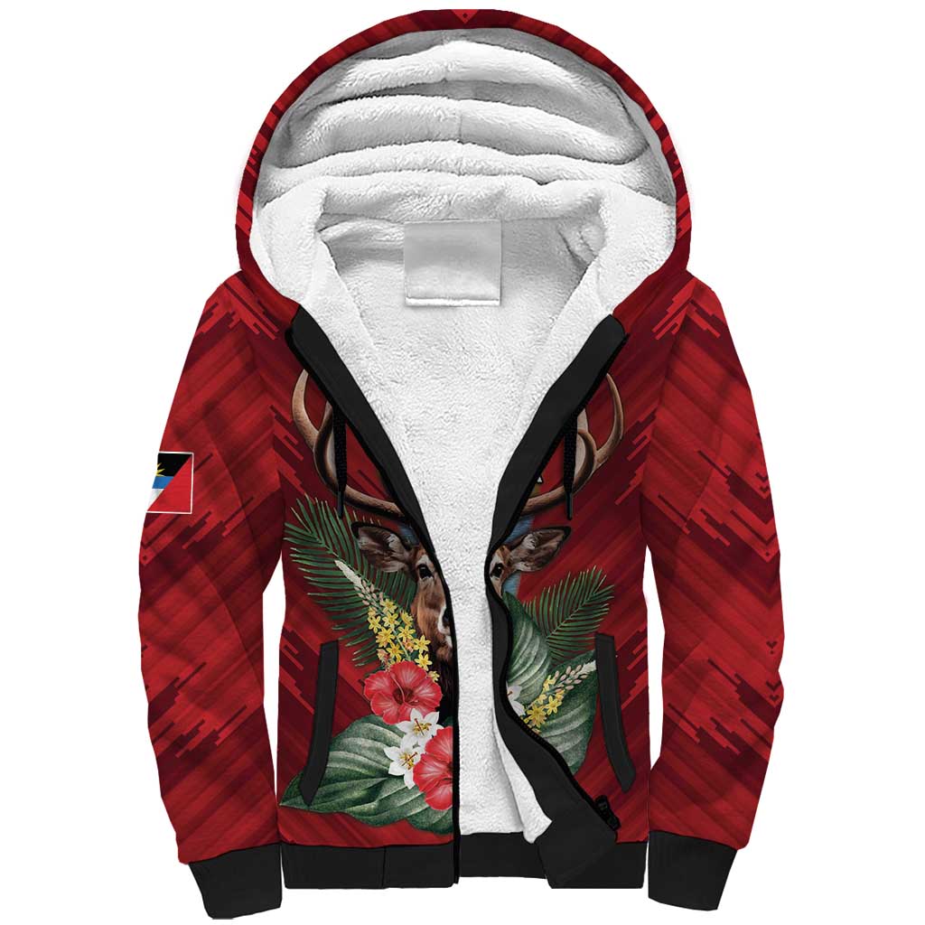 Personalized Antigua and Barbuda Sherpa Hoodie Tropical Flowers Stag Deer - Wonder Print Shop