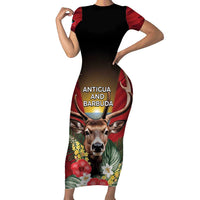 Personalized Antigua and Barbuda Short Sleeve Bodycon Dress Tropical Flowers Stag Deer - Wonder Print Shop