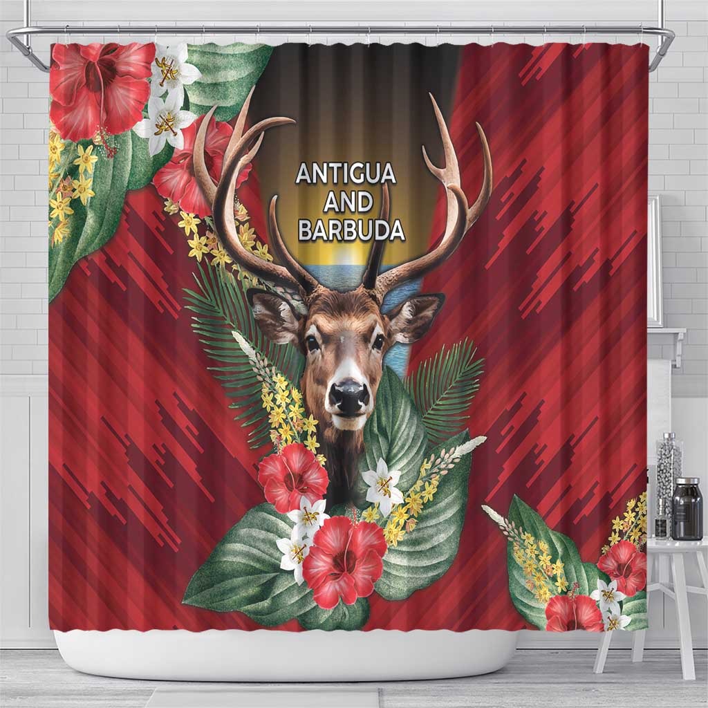Antigua and Barbuda Shower Curtain Tropical Flowers Stag Deer - Wonder Print Shop