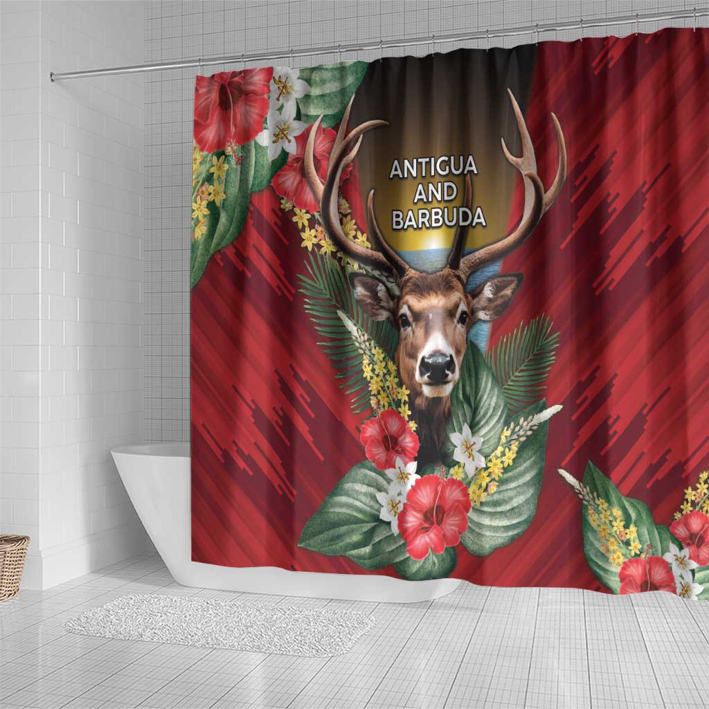 Antigua and Barbuda Shower Curtain Tropical Flowers Stag Deer - Wonder Print Shop
