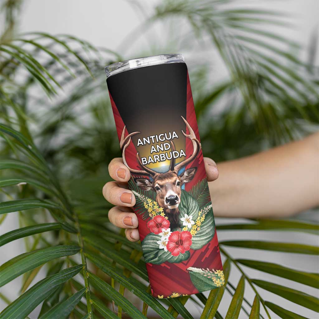 Personalized Antigua and Barbuda Skinny Tumbler Tropical Flowers Stag Deer - Wonder Print Shop