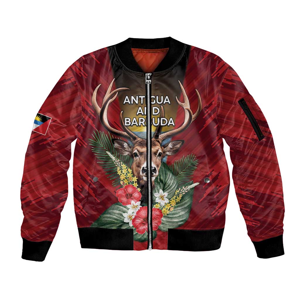 Personalized Antigua and Barbuda Sleeve Zip Bomber Jacket Tropical Flowers Stag Deer - Wonder Print Shop