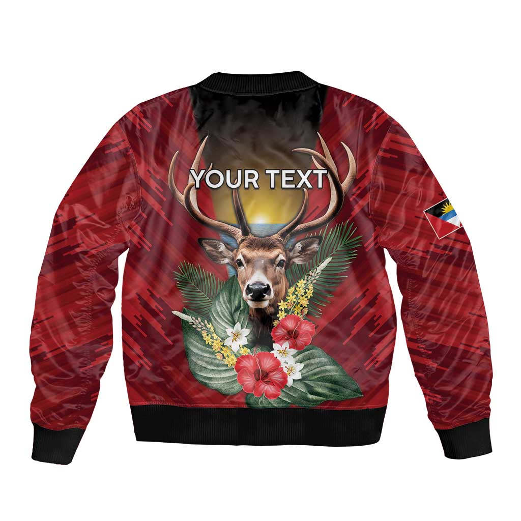 Personalized Antigua and Barbuda Sleeve Zip Bomber Jacket Tropical Flowers Stag Deer - Wonder Print Shop