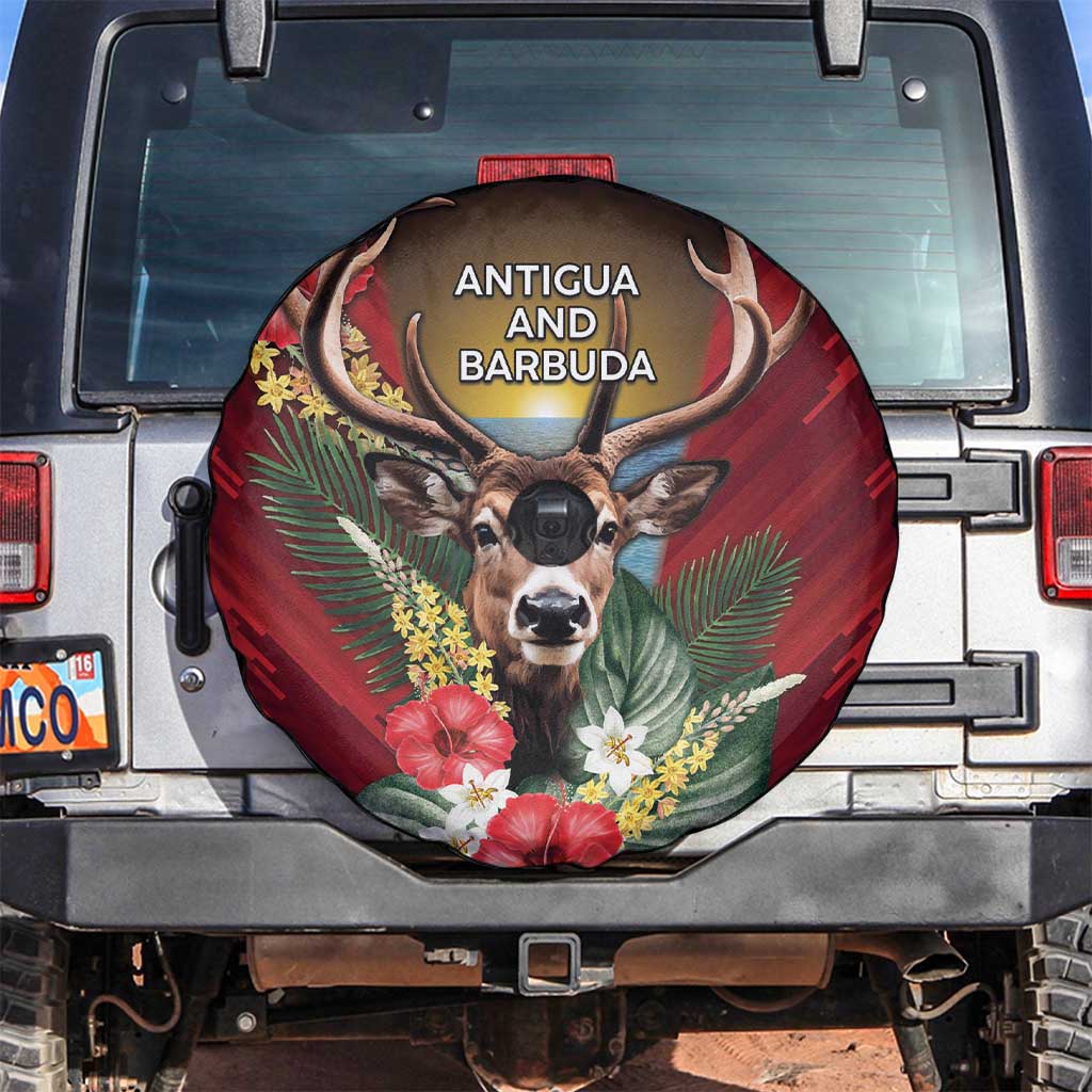 Antigua and Barbuda Spare Tire Cover Tropical Flowers Stag Deer - Wonder Print Shop