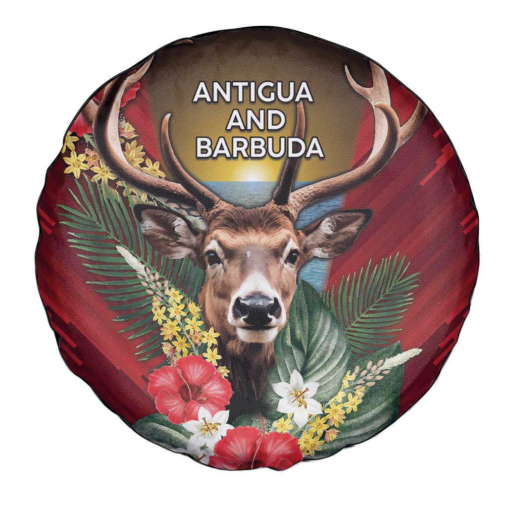 Antigua and Barbuda Spare Tire Cover Tropical Flowers Stag Deer - Wonder Print Shop