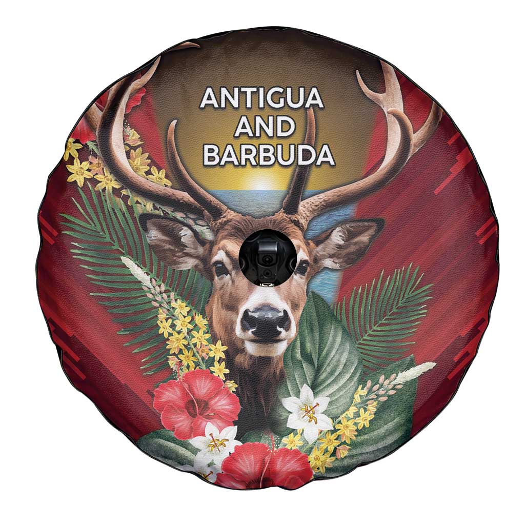 Antigua and Barbuda Spare Tire Cover Tropical Flowers Stag Deer - Wonder Print Shop