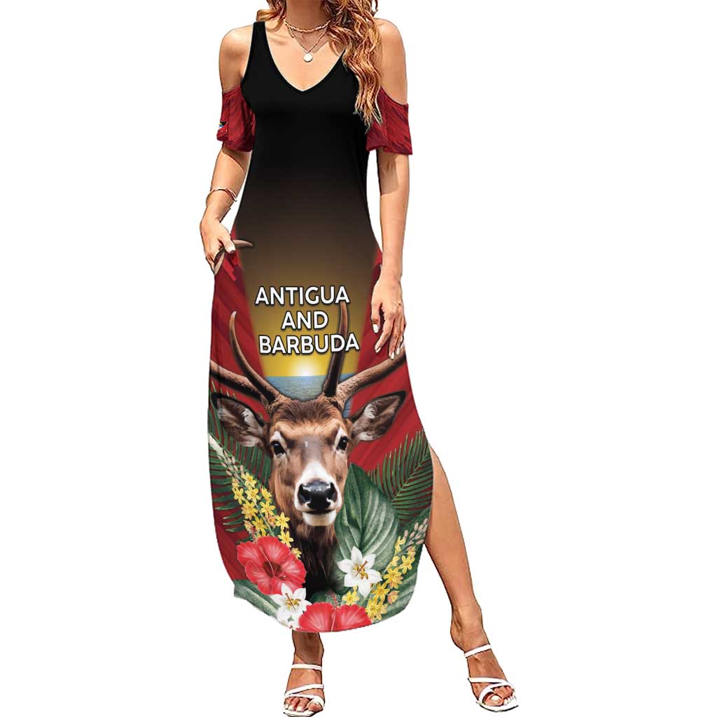Personalized Antigua and Barbuda Summer Maxi Dress Tropical Flowers Stag Deer - Wonder Print Shop