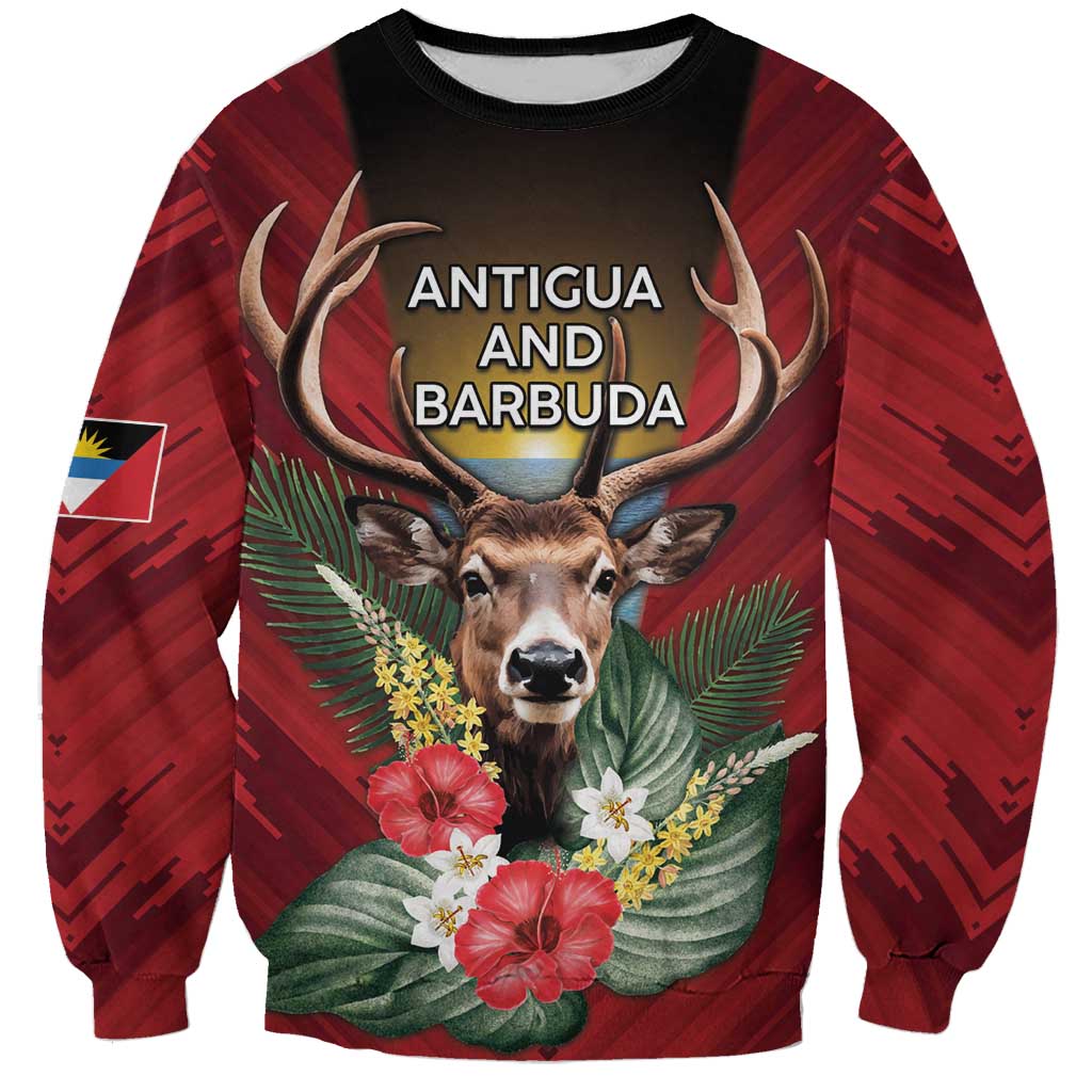 Personalized Antigua and Barbuda Sweatshirt Tropical Flowers Stag Deer - Wonder Print Shop
