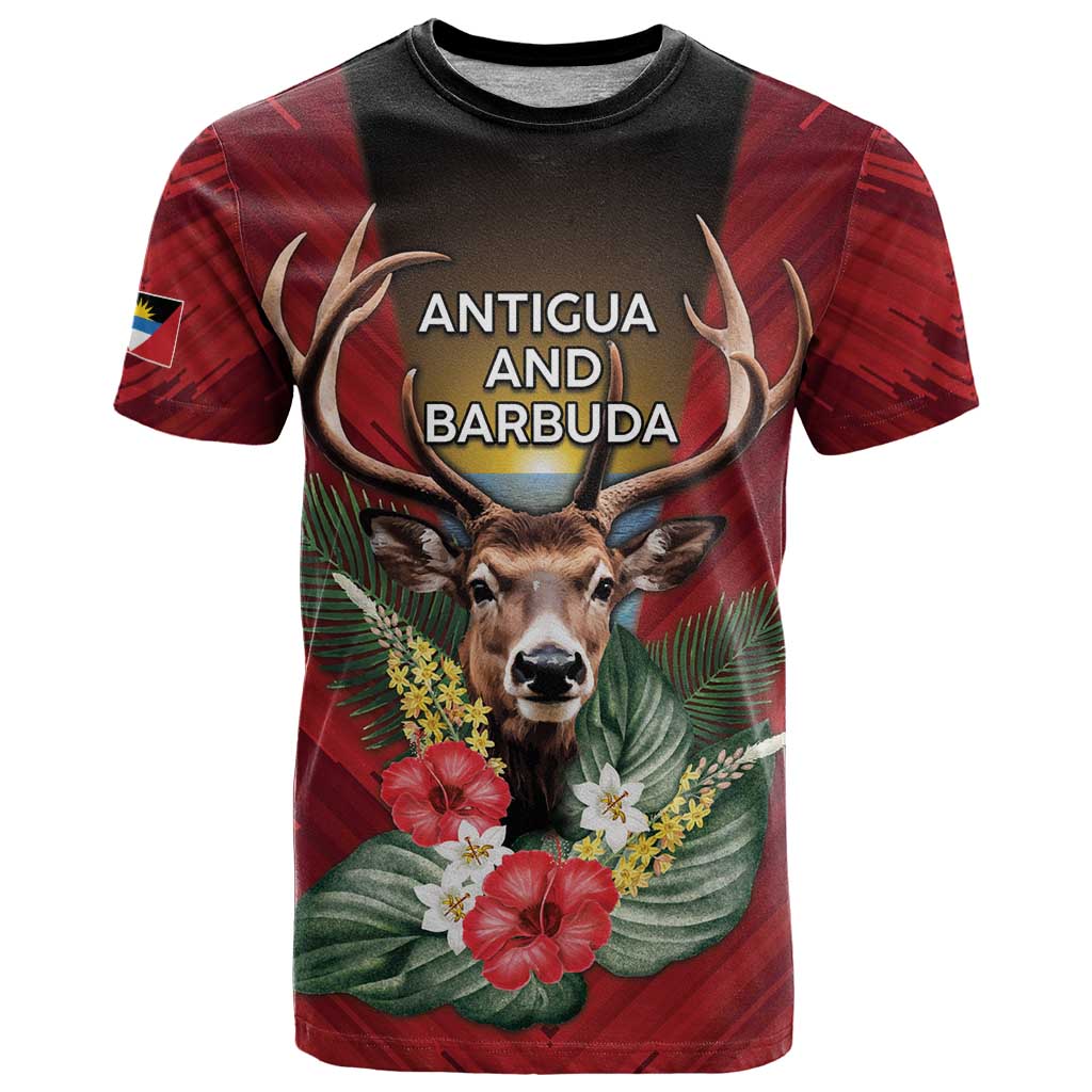 Personalized Antigua and Barbuda T Shirt Tropical Flowers Stag Deer - Wonder Print Shop