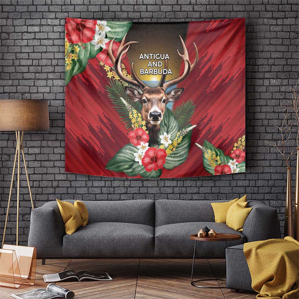 Antigua and Barbuda Tapestry Tropical Flowers Stag Deer - Wonder Print Shop