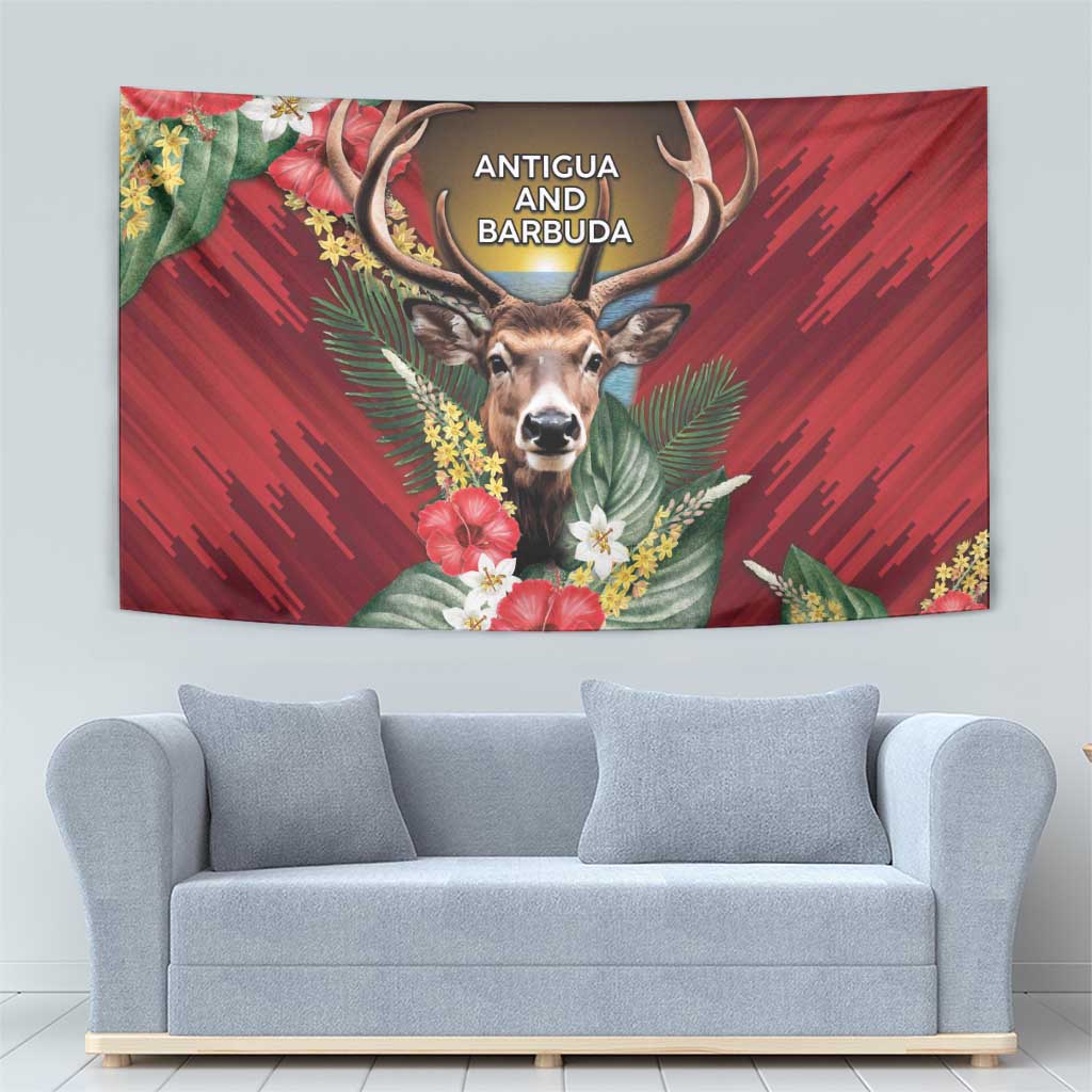 Antigua and Barbuda Tapestry Tropical Flowers Stag Deer - Wonder Print Shop