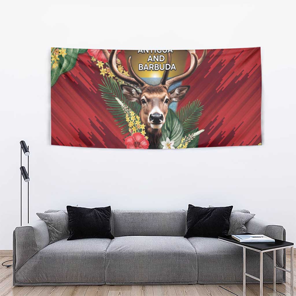Antigua and Barbuda Tapestry Tropical Flowers Stag Deer - Wonder Print Shop