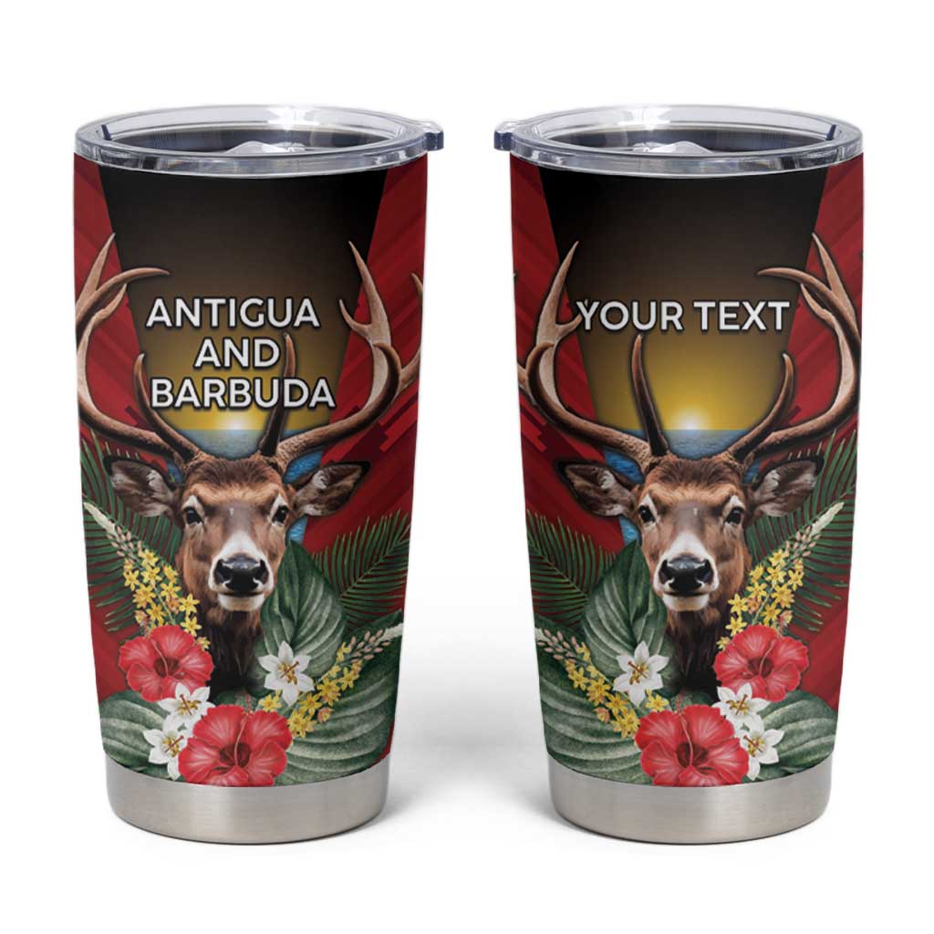 Personalized Antigua and Barbuda Tumbler Cup Tropical Flowers Stag Deer - Wonder Print Shop