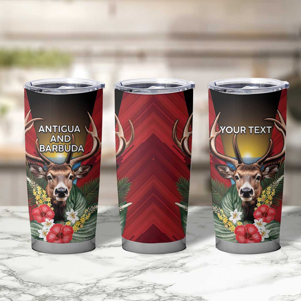 Personalized Antigua and Barbuda Tumbler Cup Tropical Flowers Stag Deer - Wonder Print Shop