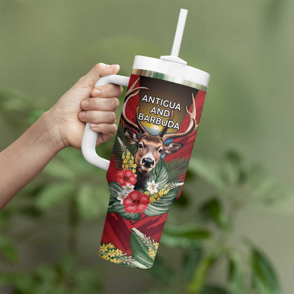 Personalized Antigua and Barbuda Tumbler With Handle Tropical Flowers Stag Deer - Wonder Print Shop