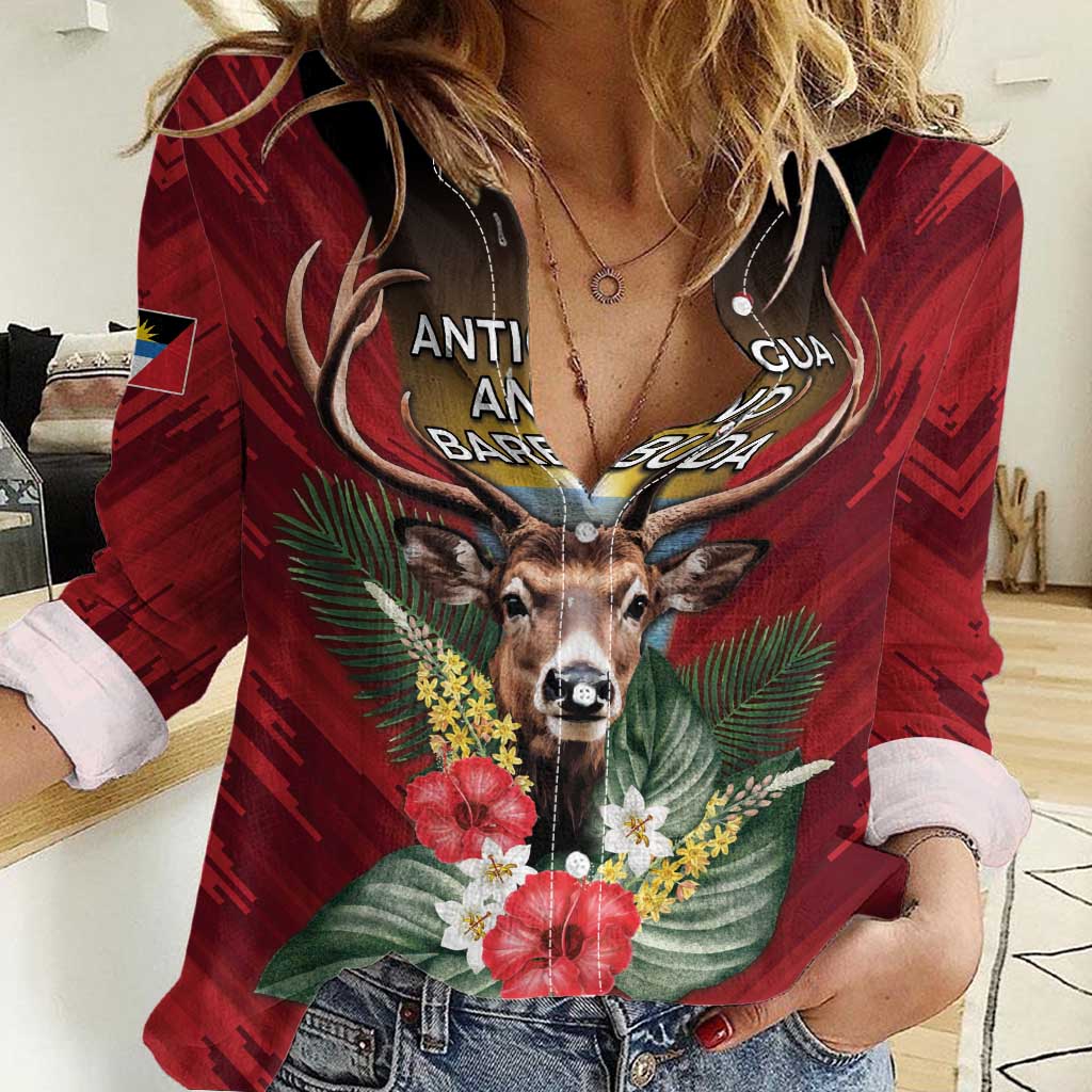 Personalized Antigua and Barbuda Women Casual Shirt Tropical Flowers Stag Deer - Wonder Print Shop