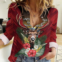 Personalized Antigua and Barbuda Women Casual Shirt Tropical Flowers Stag Deer - Wonder Print Shop