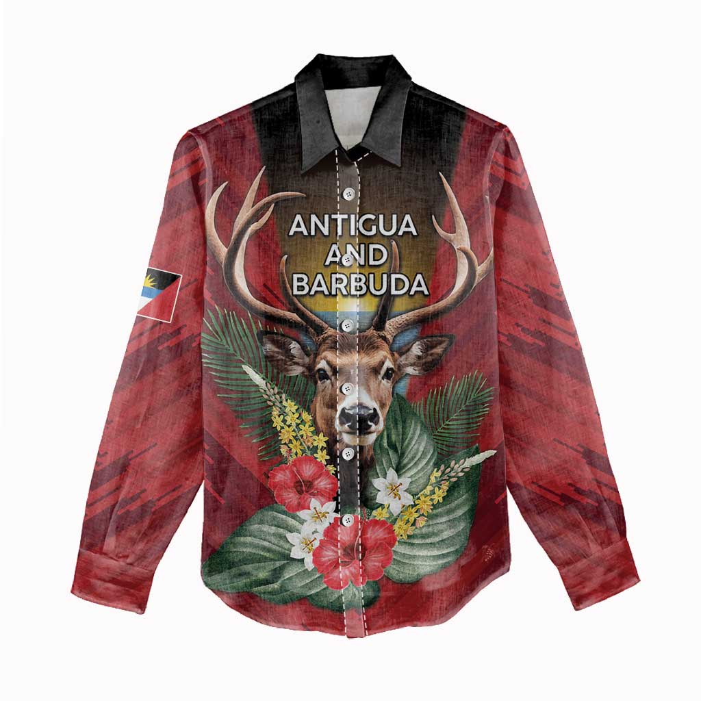 Personalized Antigua and Barbuda Women Casual Shirt Tropical Flowers Stag Deer - Wonder Print Shop