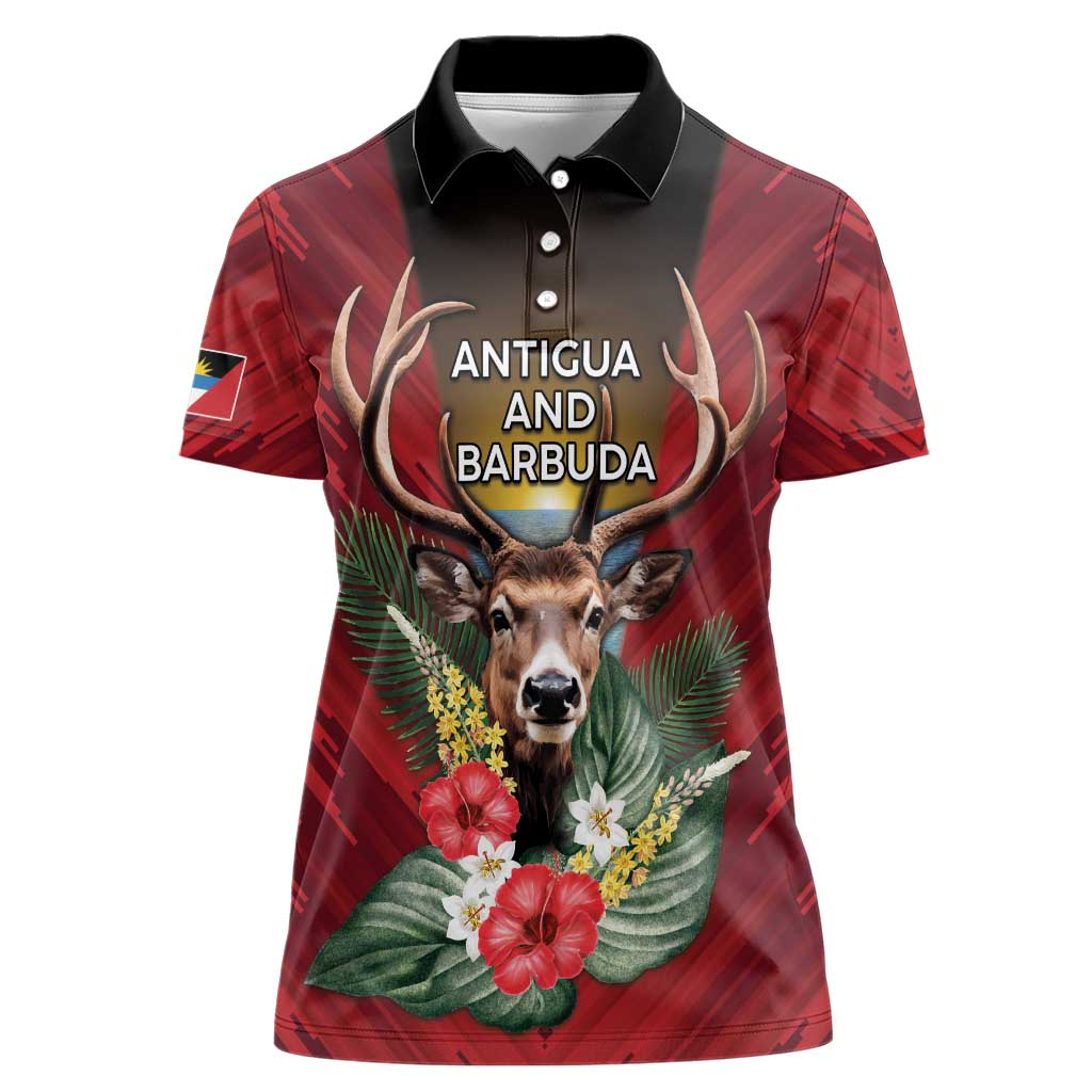 Personalized Antigua and Barbuda Women Polo Shirt Tropical Flowers Stag Deer - Wonder Print Shop