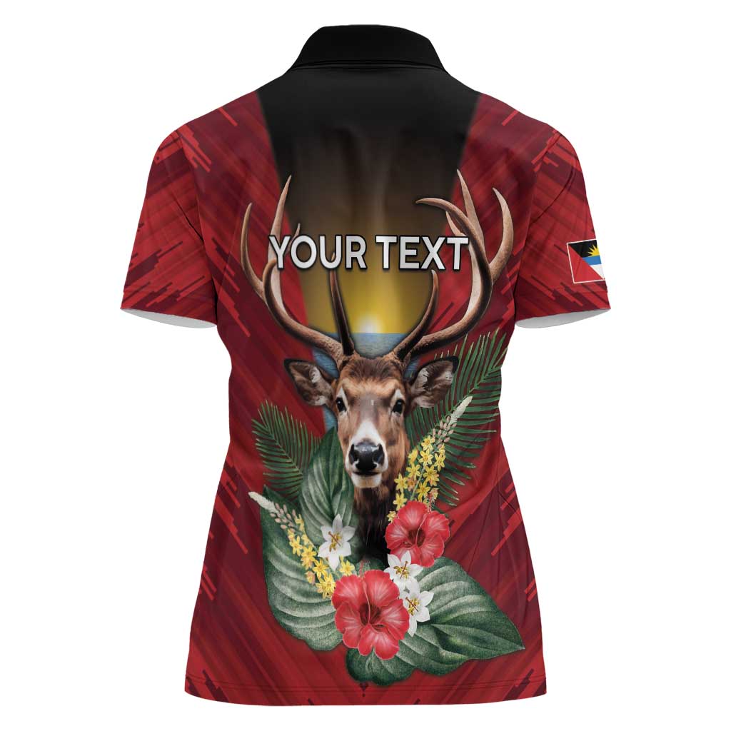 Personalized Antigua and Barbuda Women Polo Shirt Tropical Flowers Stag Deer - Wonder Print Shop