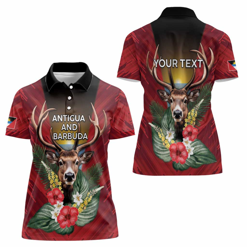 Personalized Antigua and Barbuda Women Polo Shirt Tropical Flowers Stag Deer - Wonder Print Shop