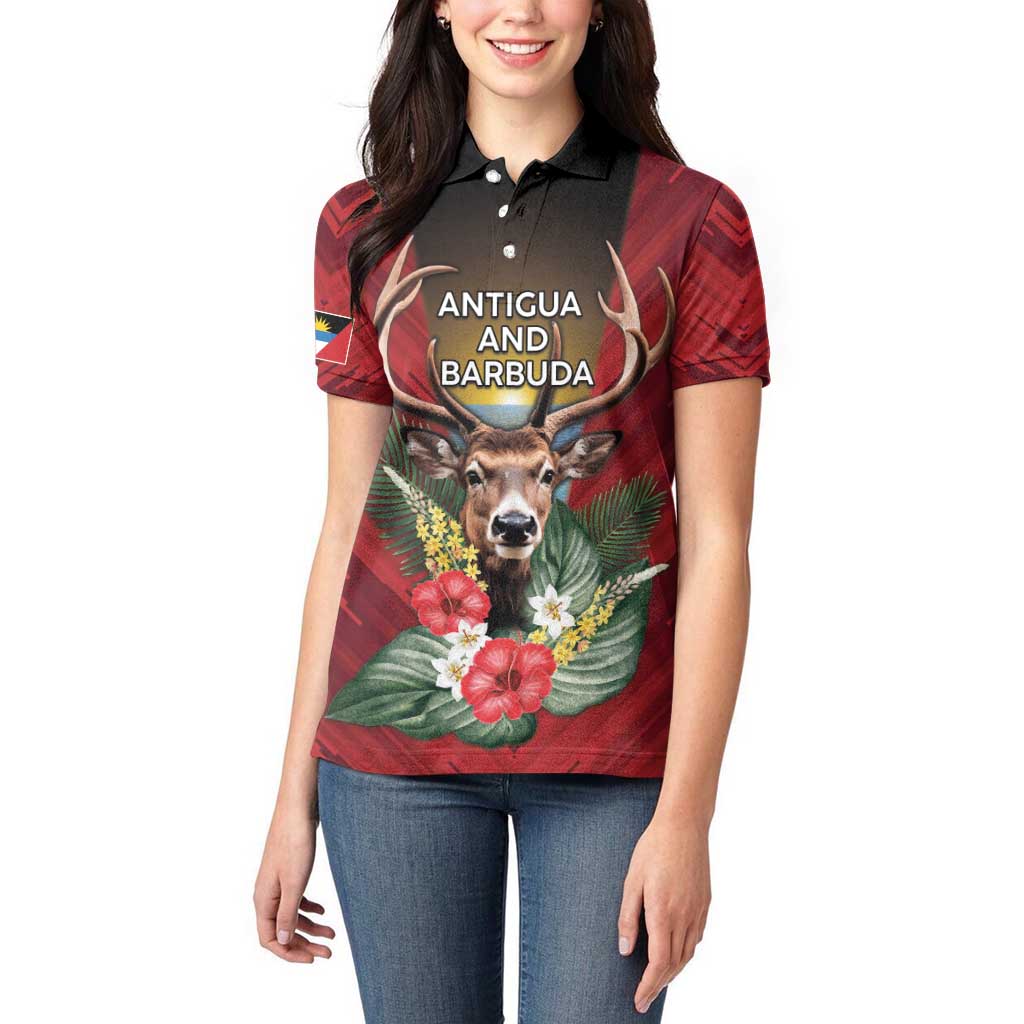 Personalized Antigua and Barbuda Women Polo Shirt Tropical Flowers Stag Deer - Wonder Print Shop