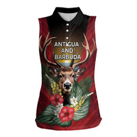 Personalized Antigua and Barbuda Women Sleeveless Polo Shirt Tropical Flowers Stag Deer - Wonder Print Shop